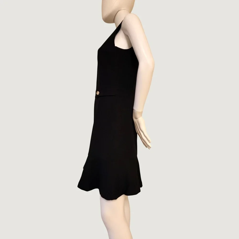 NWT Michael Kors Womens Black Sleeveless Ruffle Hem Dress MK Logo Buttons Size M